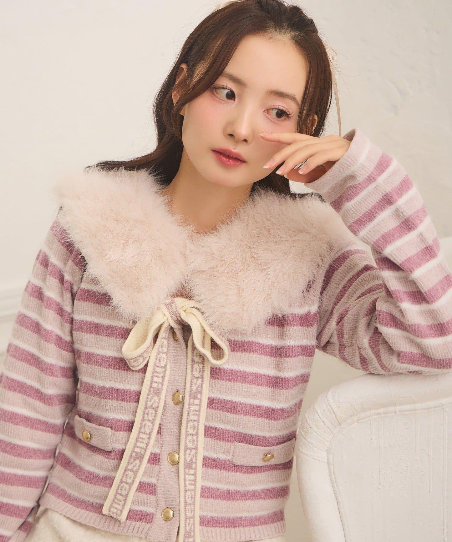 【Seemi.】毛絨翻領條紋開衫