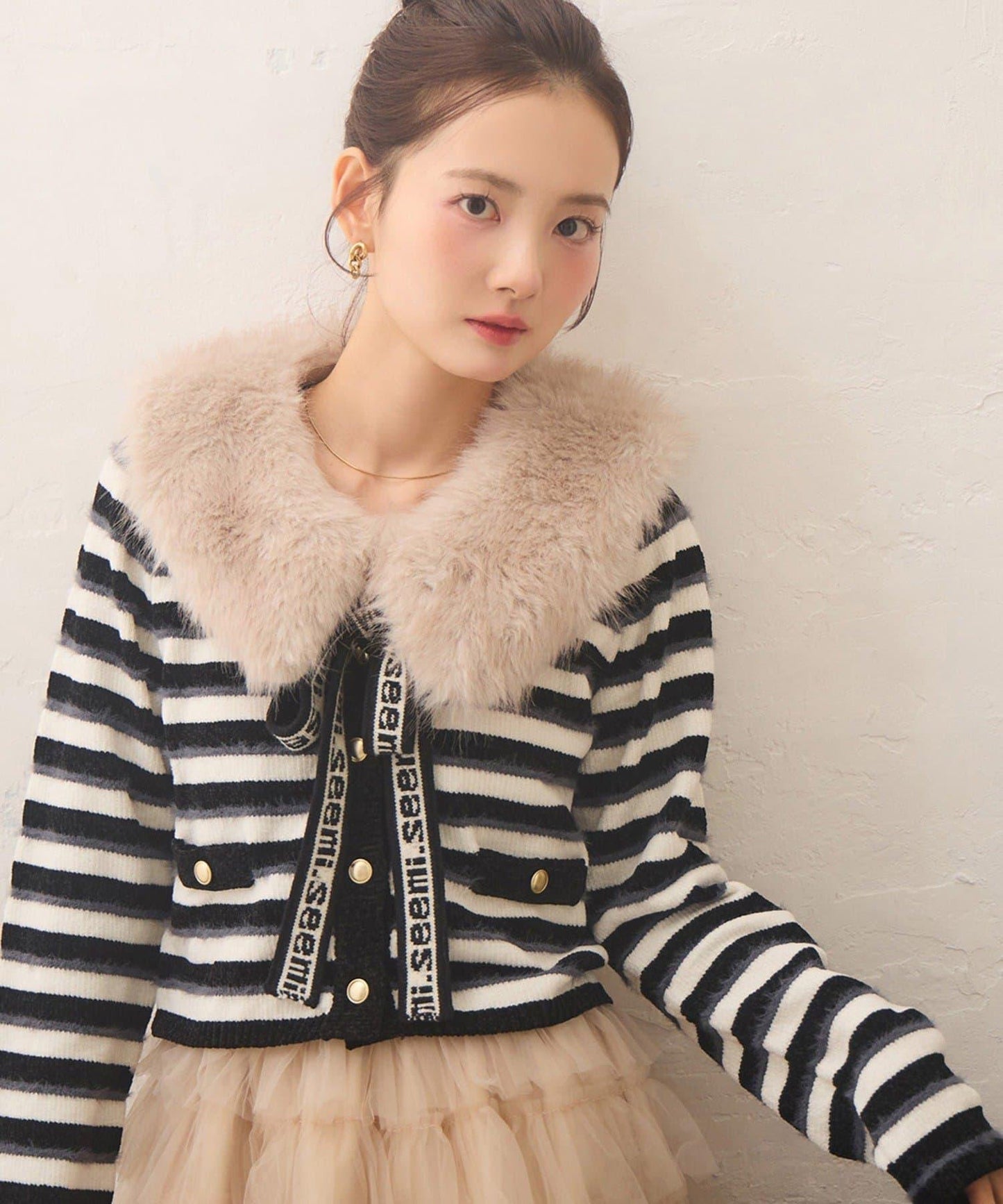 【Seemi.】毛絨翻領條紋開衫