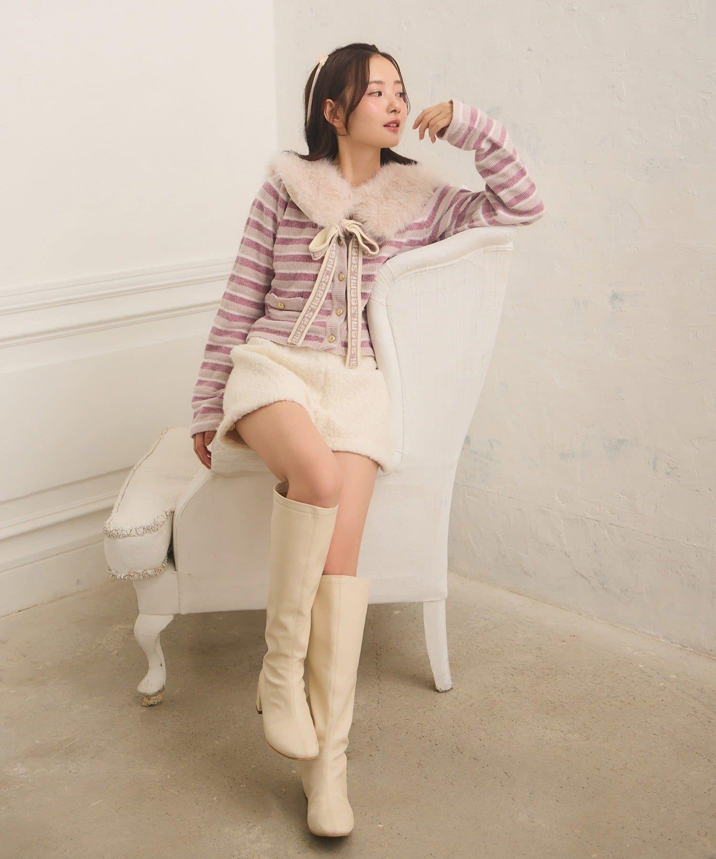 【Seemi.】毛絨翻領條紋開衫