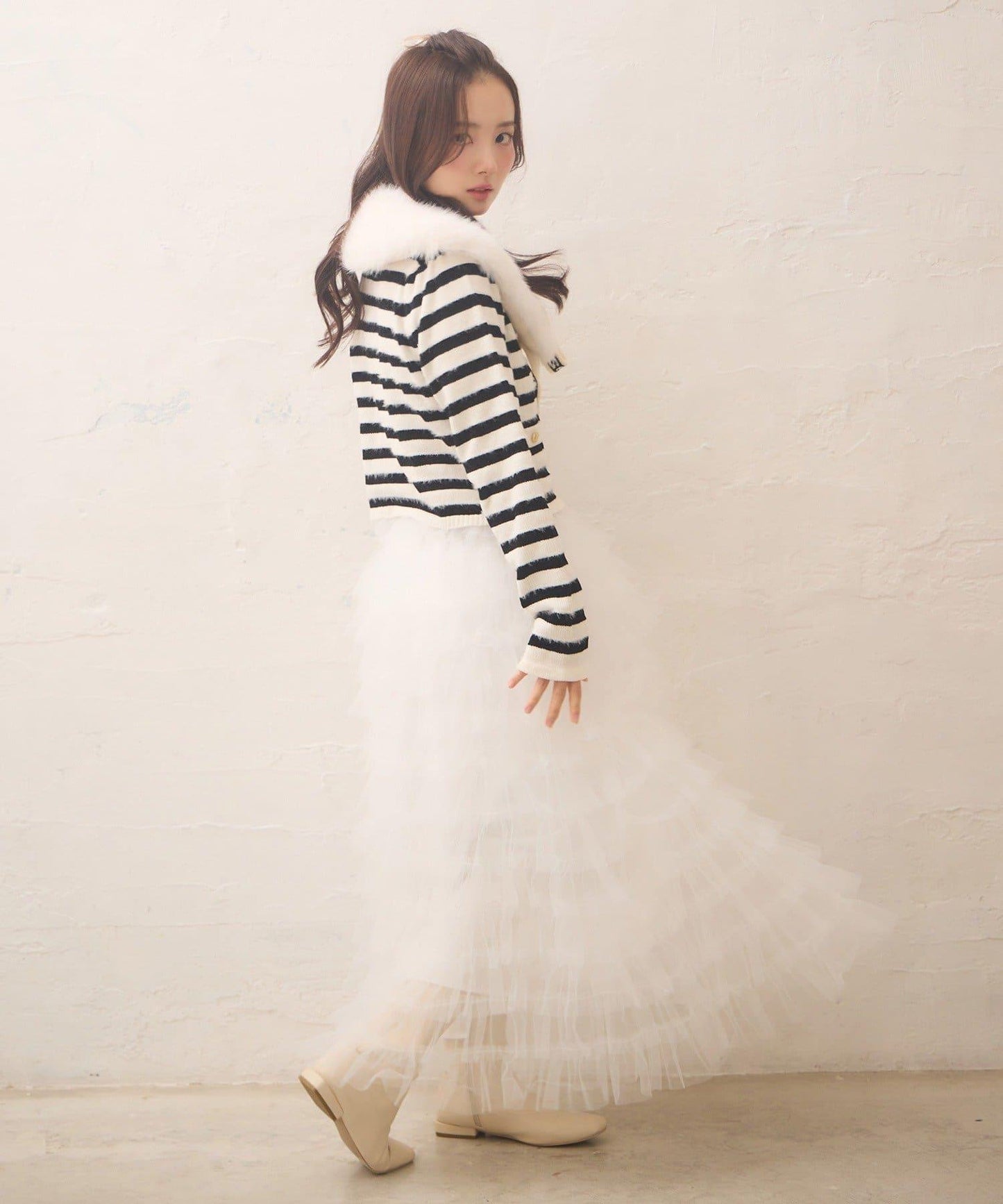 【Seemi.】毛絨翻領條紋開衫