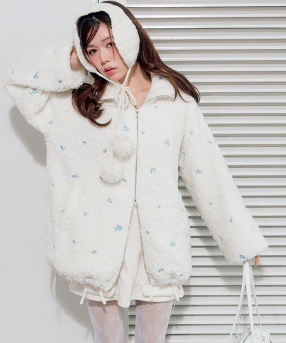 花卉刺繡羊羔絨短外套