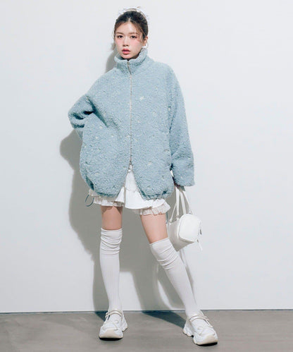 花卉刺繡羊羔絨短外套