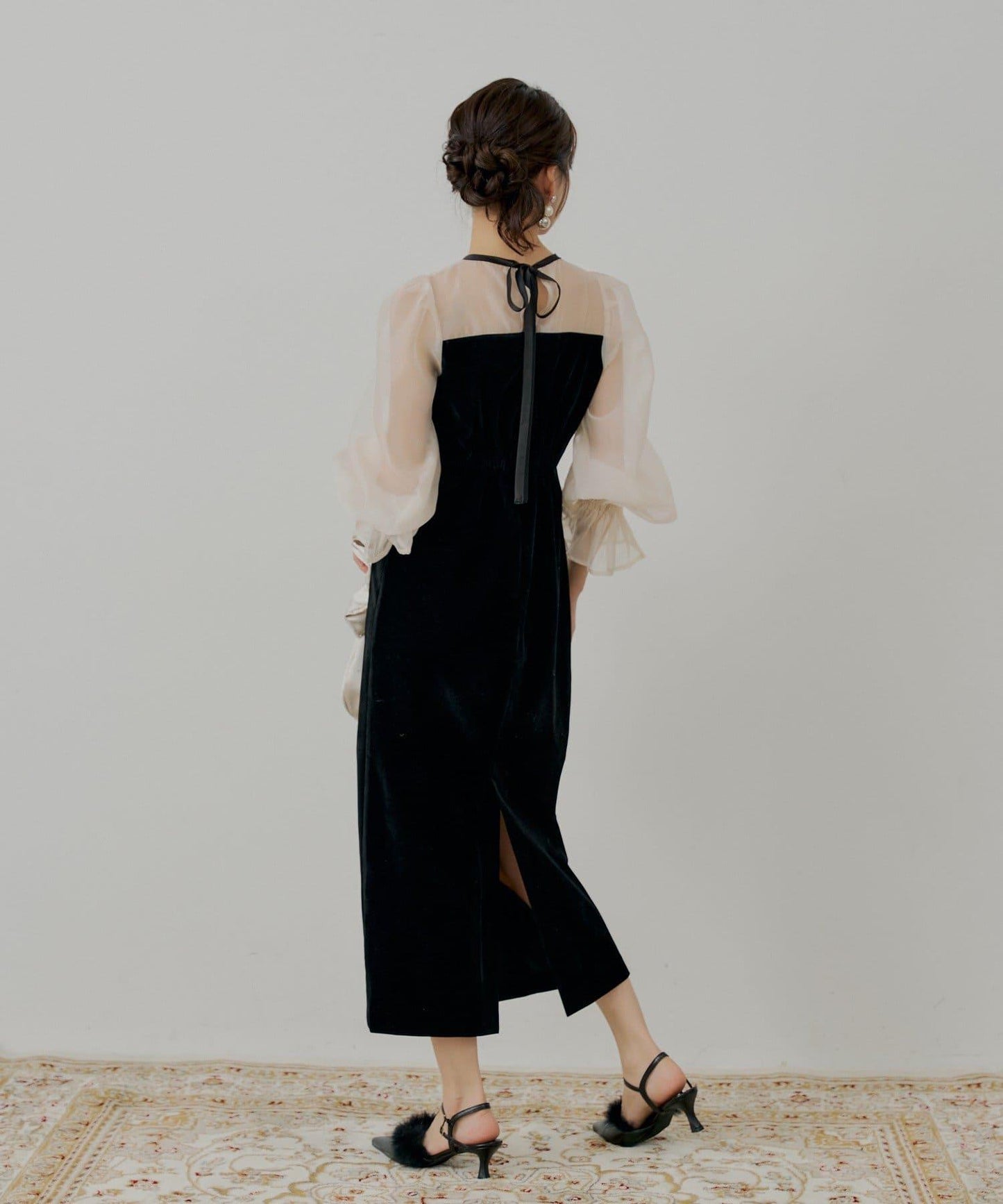 【/SALON by Chico】拼色透視修身長款連衣裙/宴會禮服