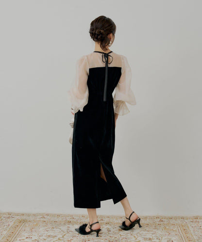 【/SALON by Chico】拼色透視修身長款連衣裙/宴會禮服