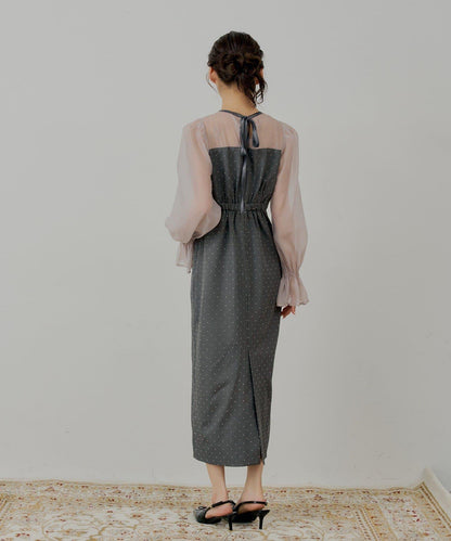 【/SALON by Chico】拼色透視修身長款連衣裙/宴會禮服