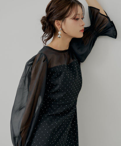 【/SALON by Chico】拼色透視修身長款連衣裙/宴會禮服