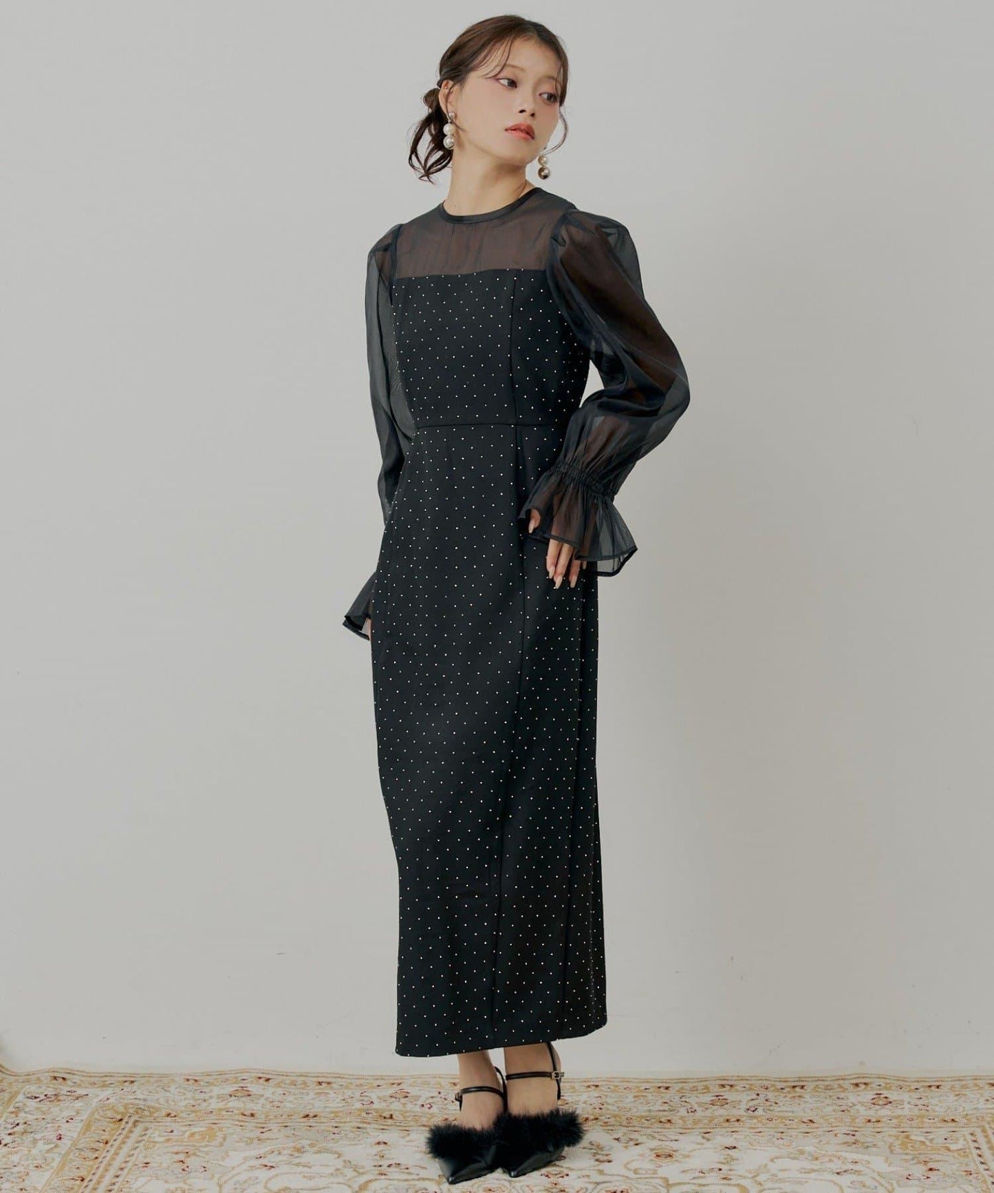 【/SALON by Chico】拼色透視修身長款連衣裙/宴會禮服