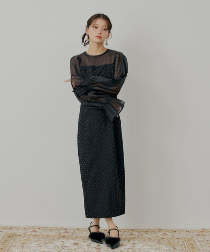 【/SALON by Chico】拼色透視修身長款連衣裙/宴會禮服