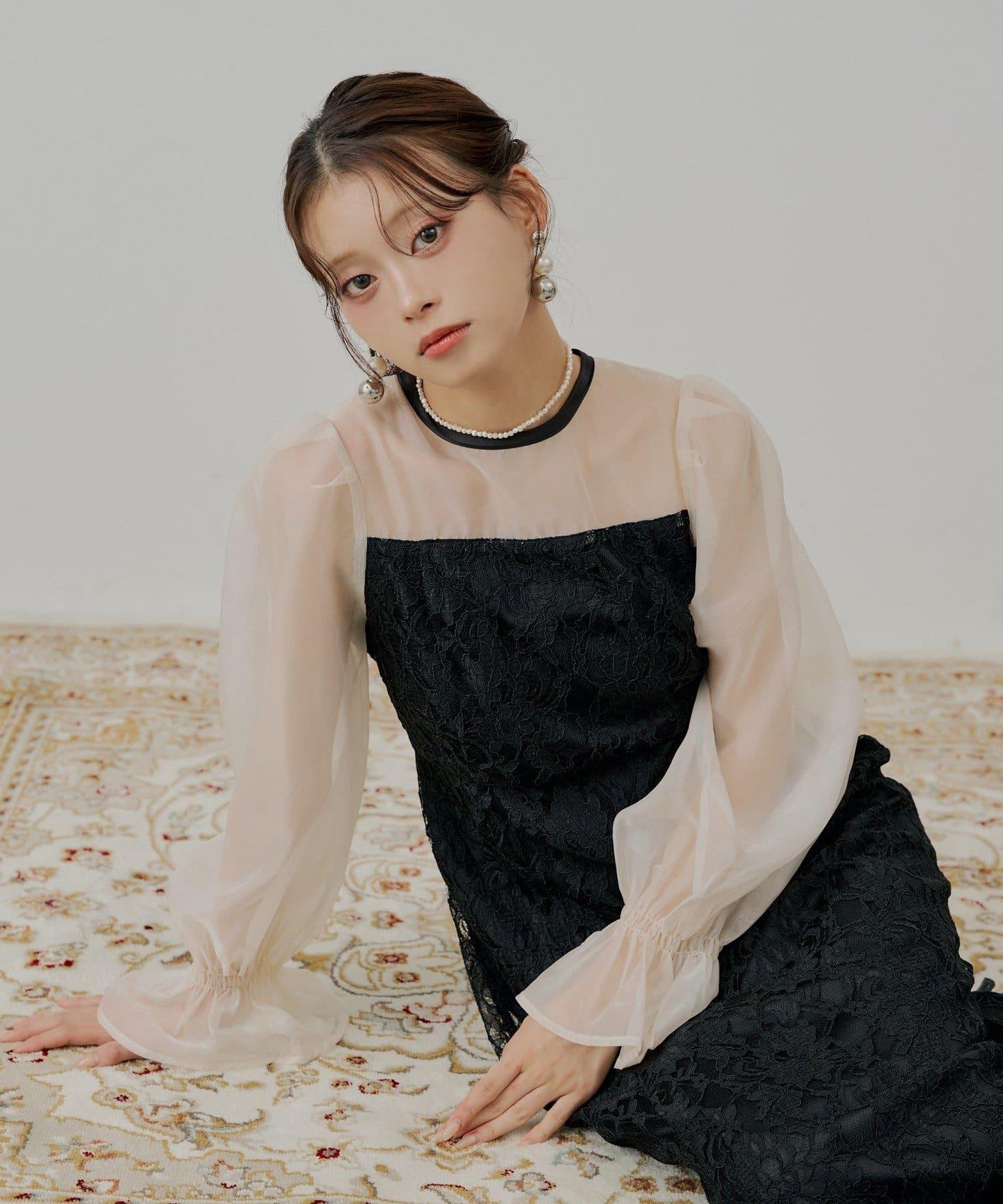 【/SALON by Chico】拼色透視修身長款連衣裙/宴會禮服