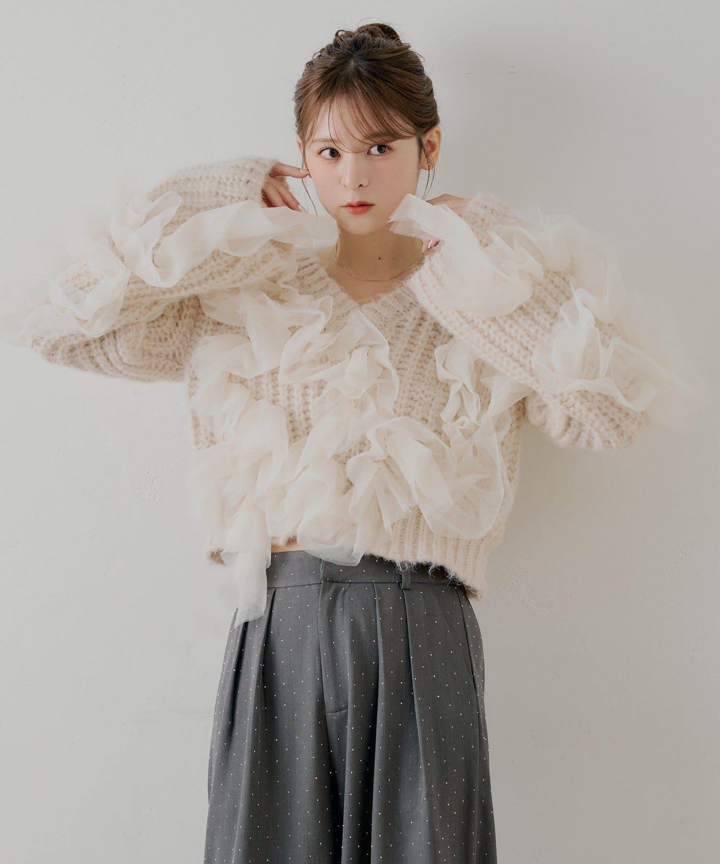 【SALON by Chico】不規則網紗拼接針織衫