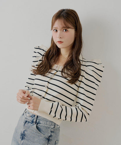 【SALON by Chico】珠飾紐扣泡泡袖設計開衫