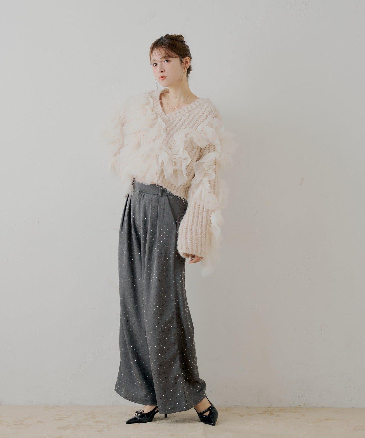 【SALON by Chico】不規則網紗拼接針織衫