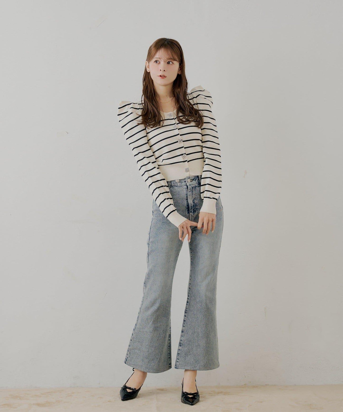 【SALON by Chico】珠飾紐扣泡泡袖設計開衫