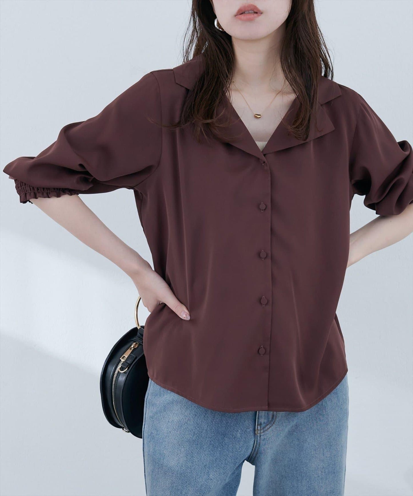 【natural couture】翻領袖口抽褶襯衫