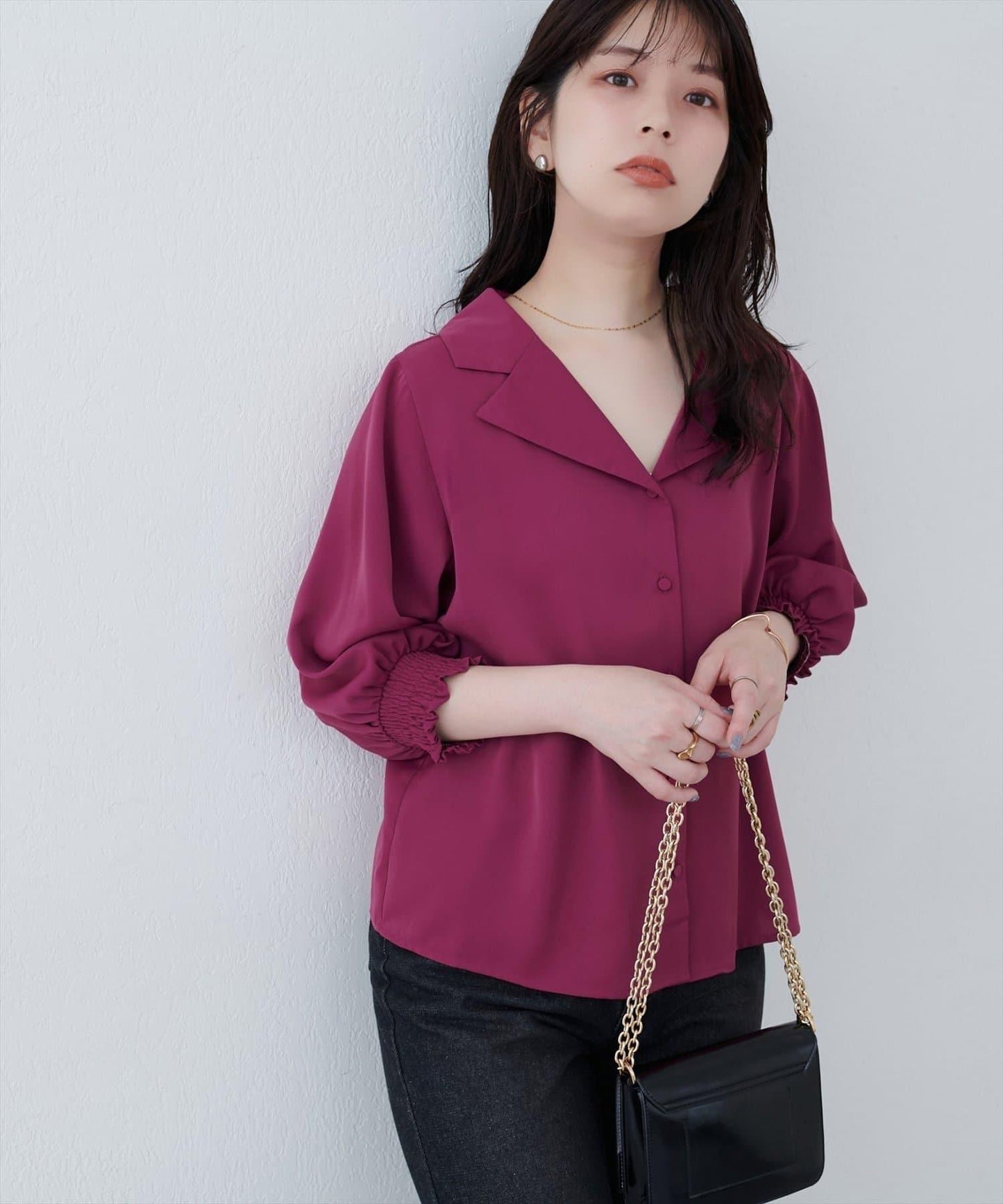 【natural couture】翻領袖口抽褶襯衫