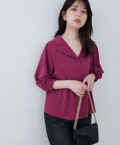 【natural couture】翻領袖口抽褶襯衫