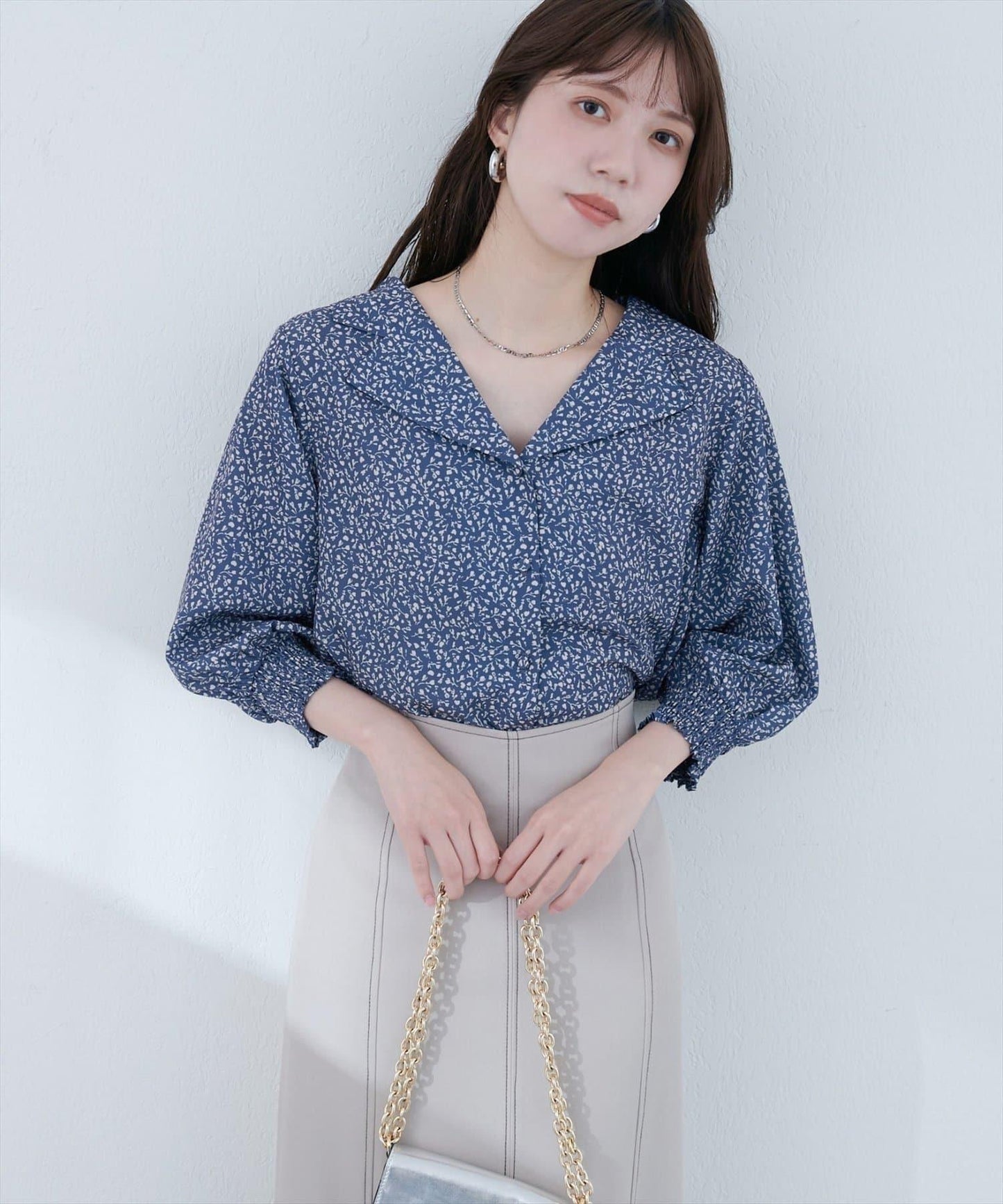 【natural couture】翻領袖口抽褶襯衫