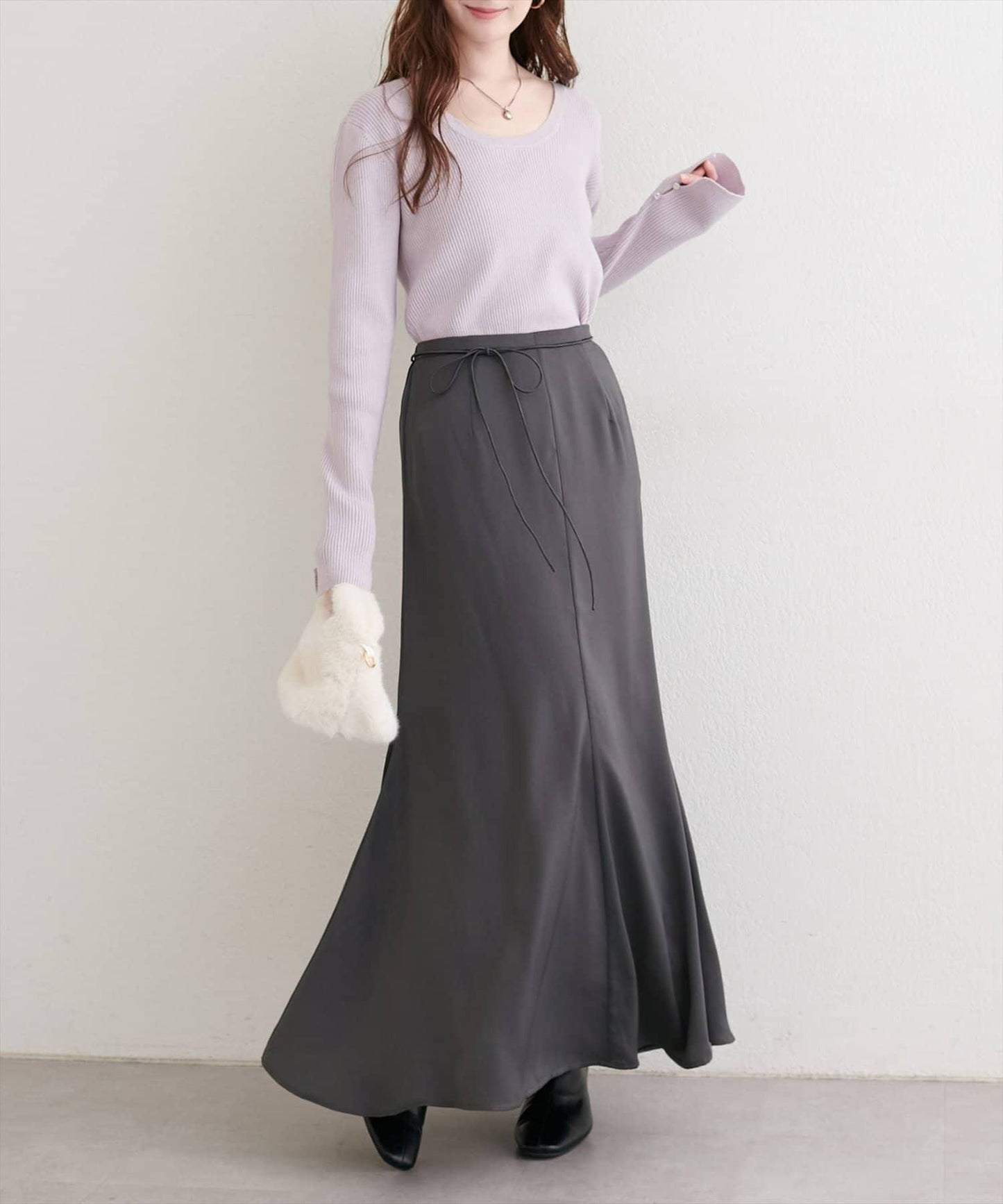 帶蝴蝶結腰帶緞面半身裙