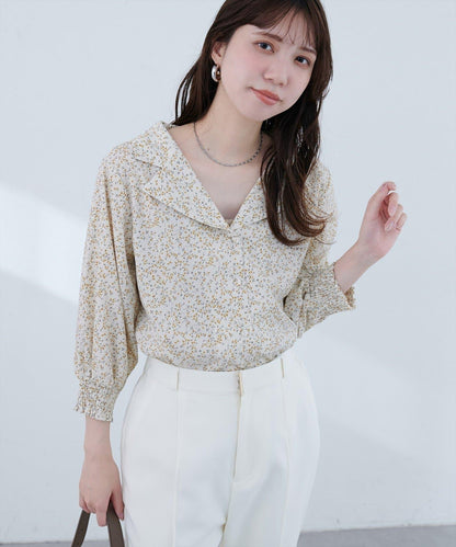 【natural couture】翻領袖口抽褶襯衫