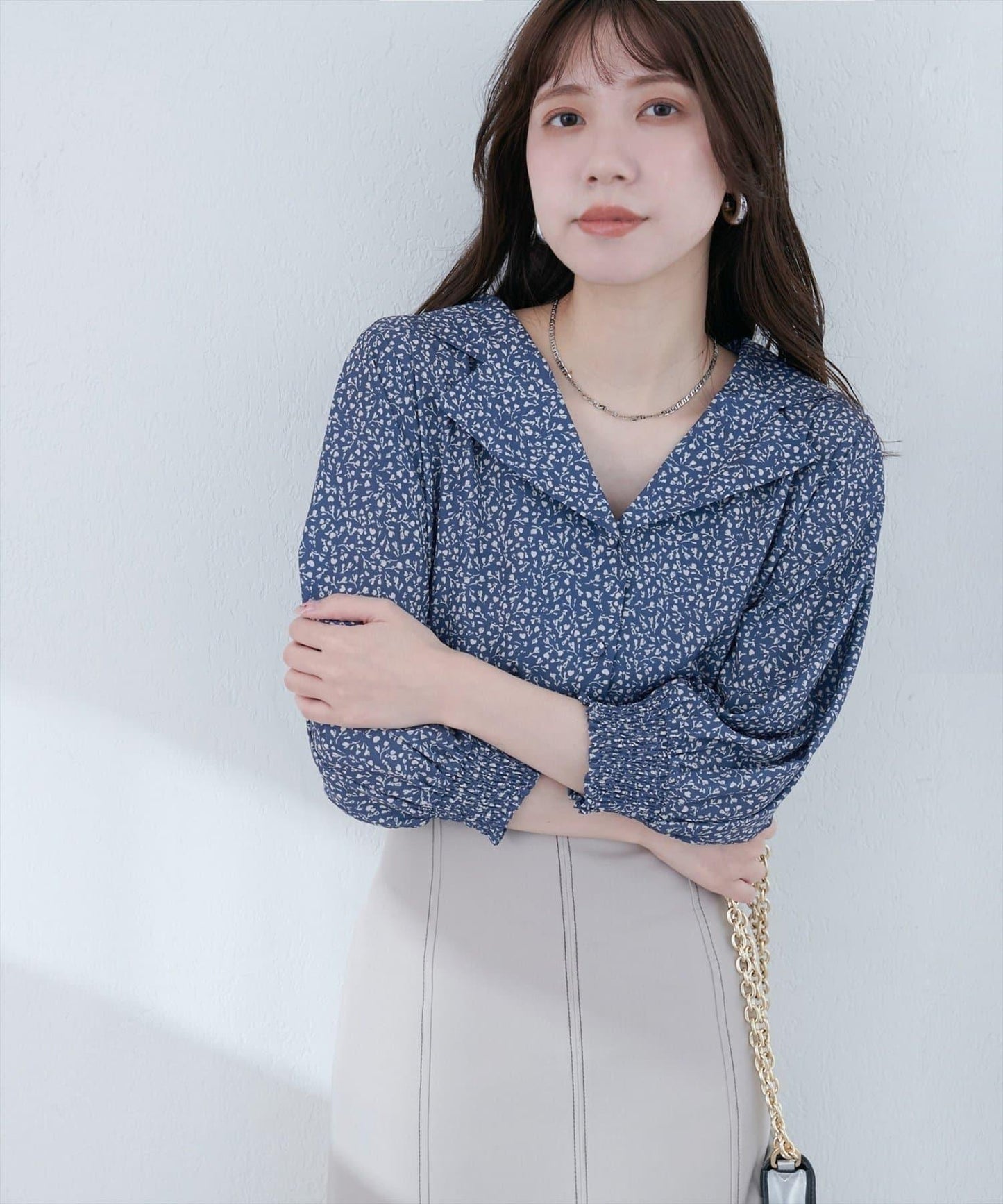 【natural couture】翻領袖口抽褶襯衫