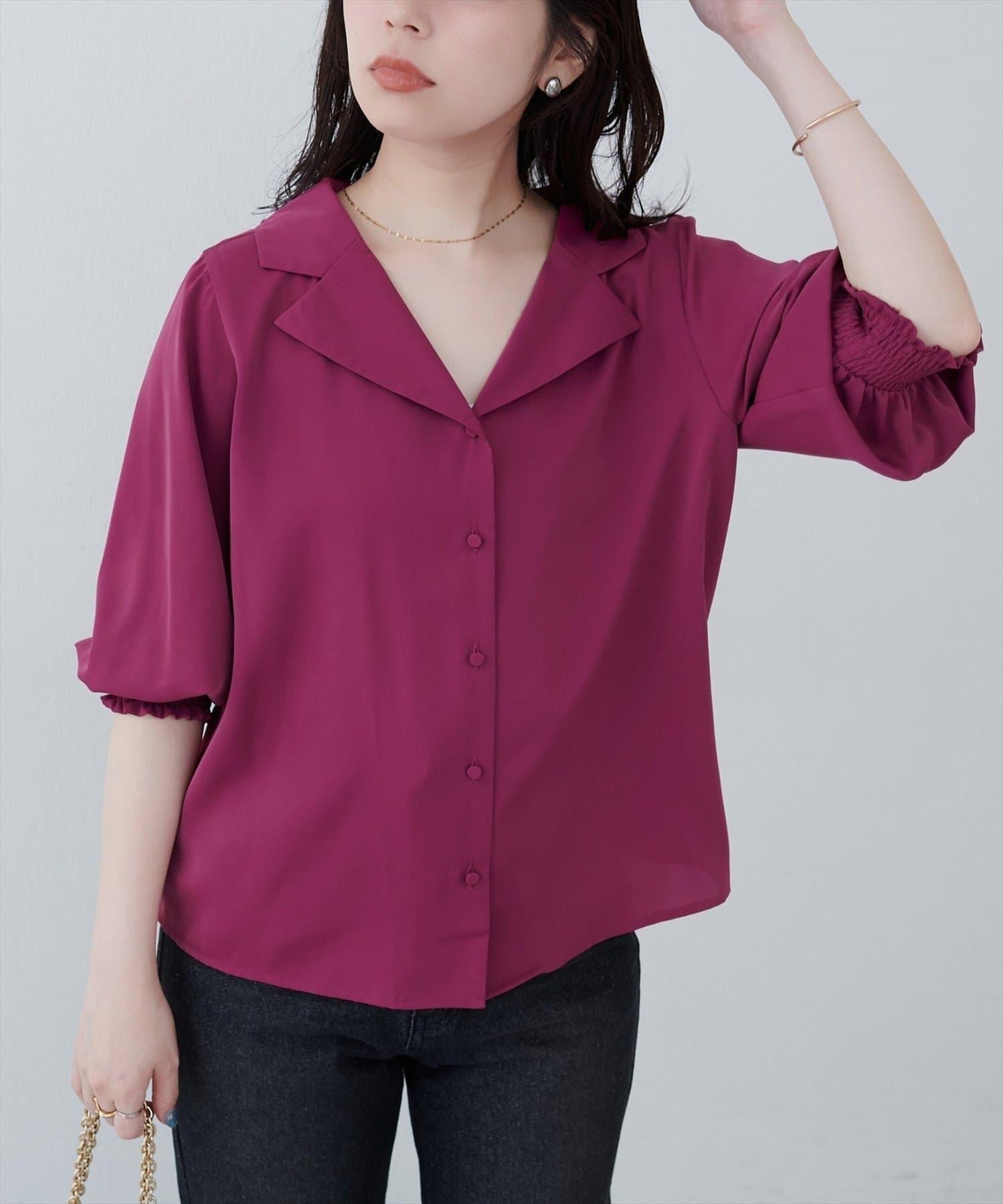【natural couture】翻領袖口抽褶襯衫