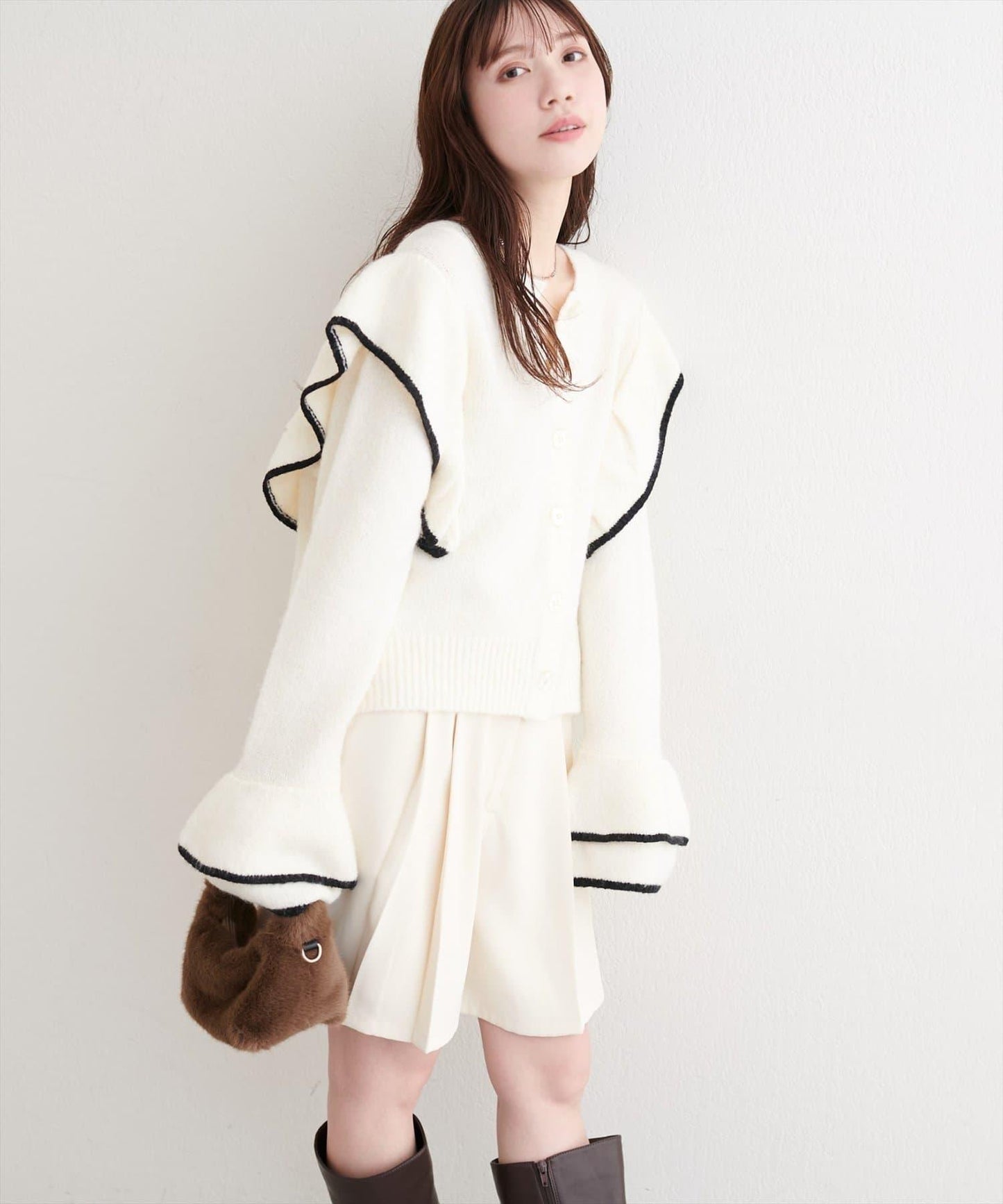 拼色荷葉邊針織開衫