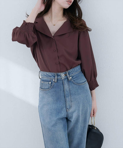 【natural couture】翻領袖口抽褶襯衫