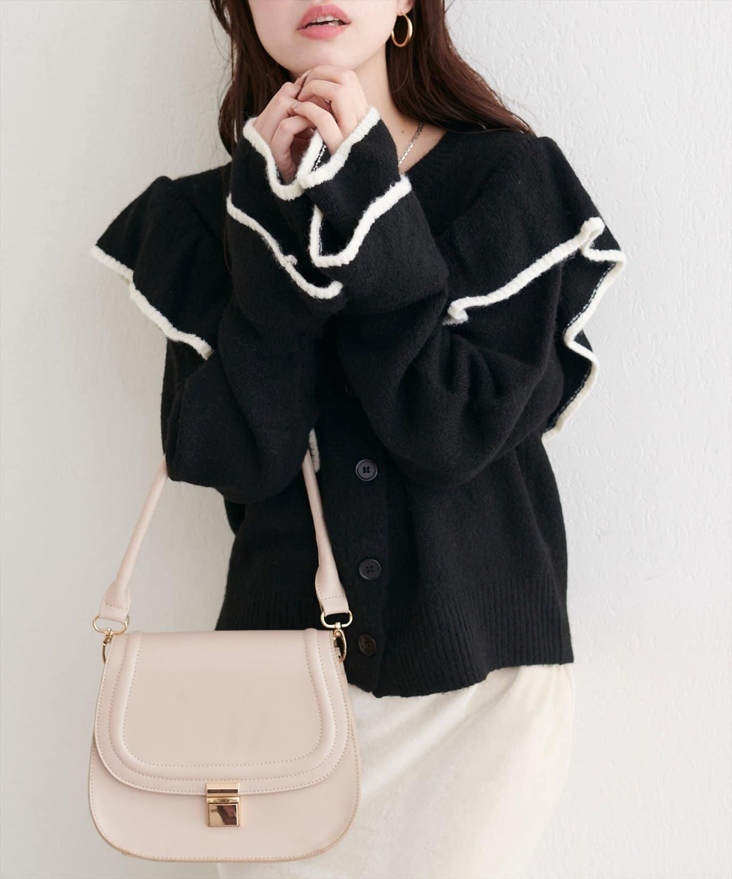 拼色荷葉邊針織開衫