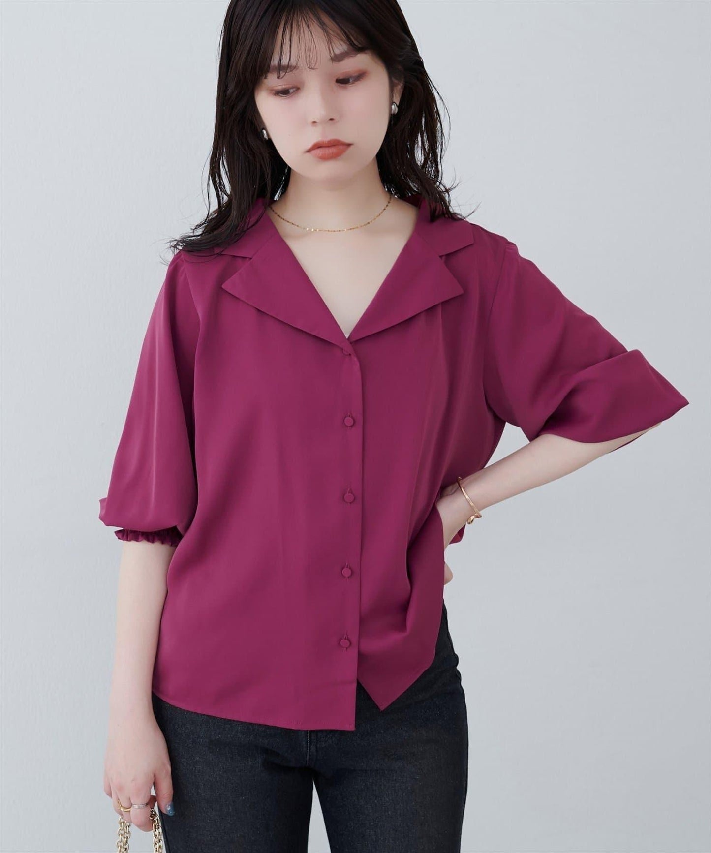 【natural couture】翻領袖口抽褶襯衫