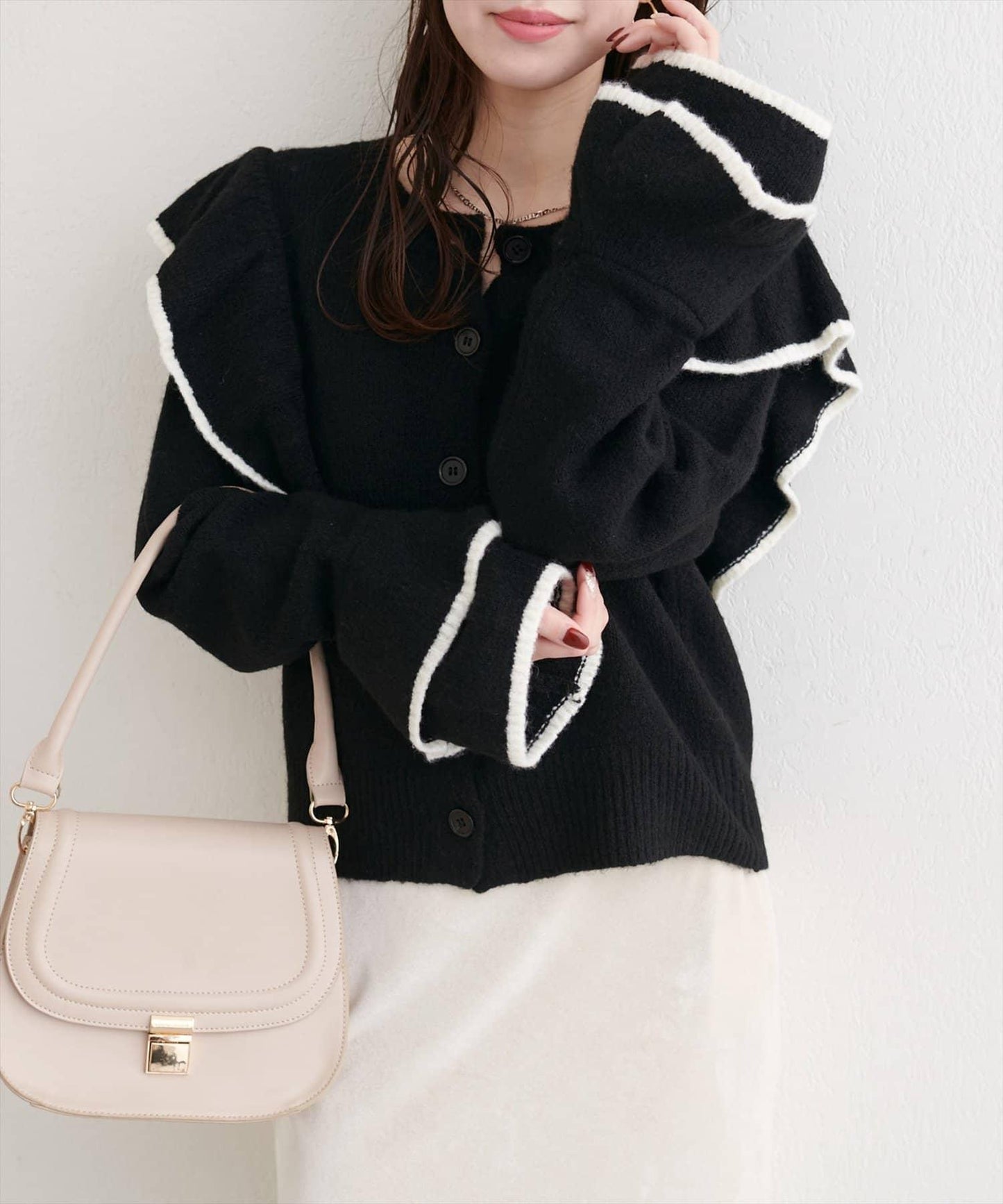 拼色荷葉邊針織開衫