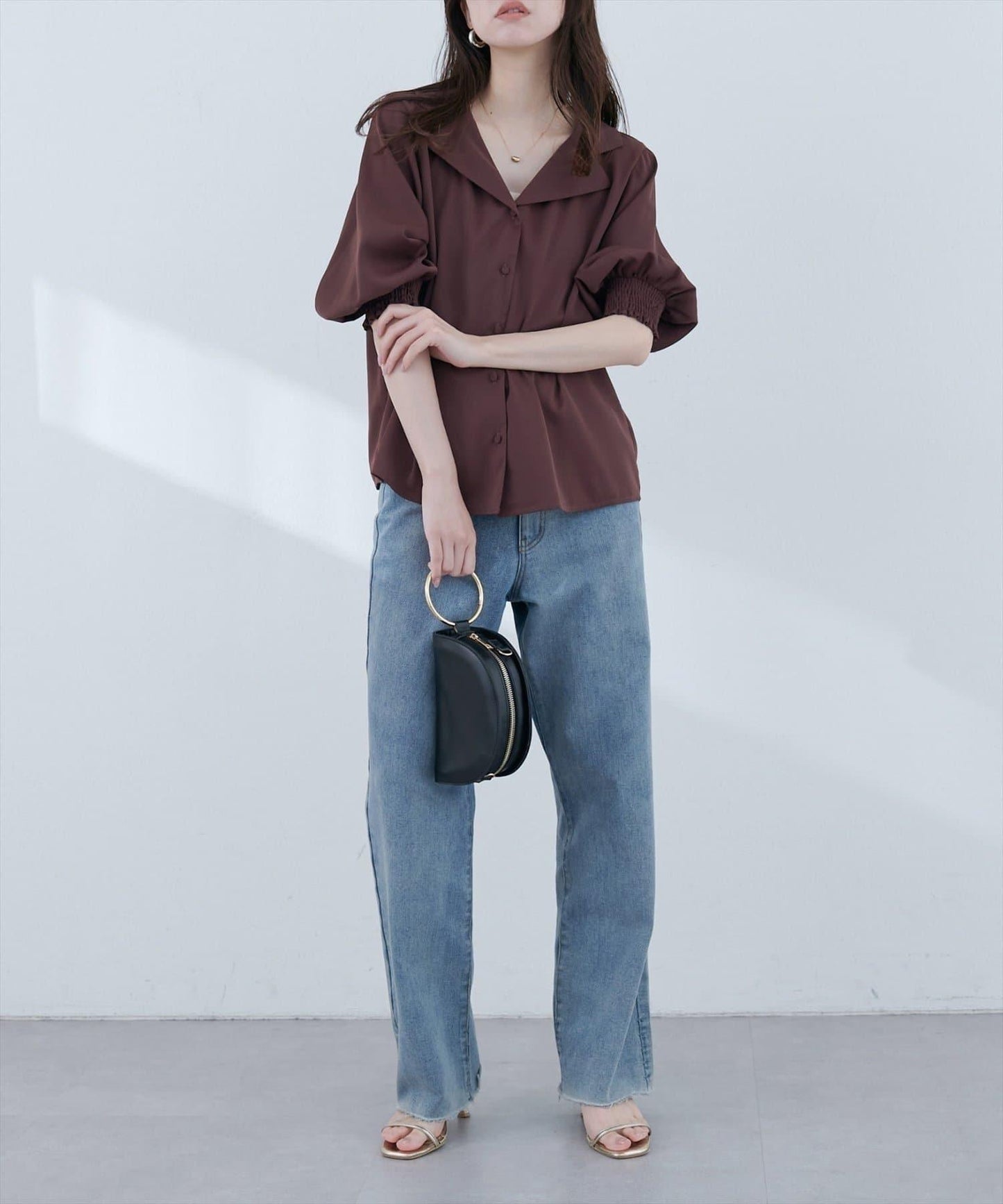 【natural couture】翻領袖口抽褶襯衫