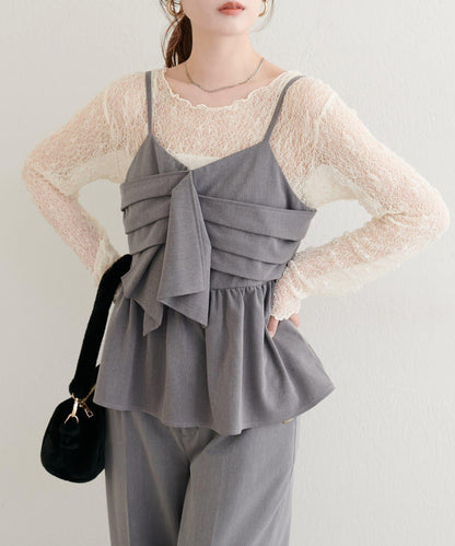 【Every very】蝴蝶結吊帶背心+蕾絲波浪邊T恤套裝