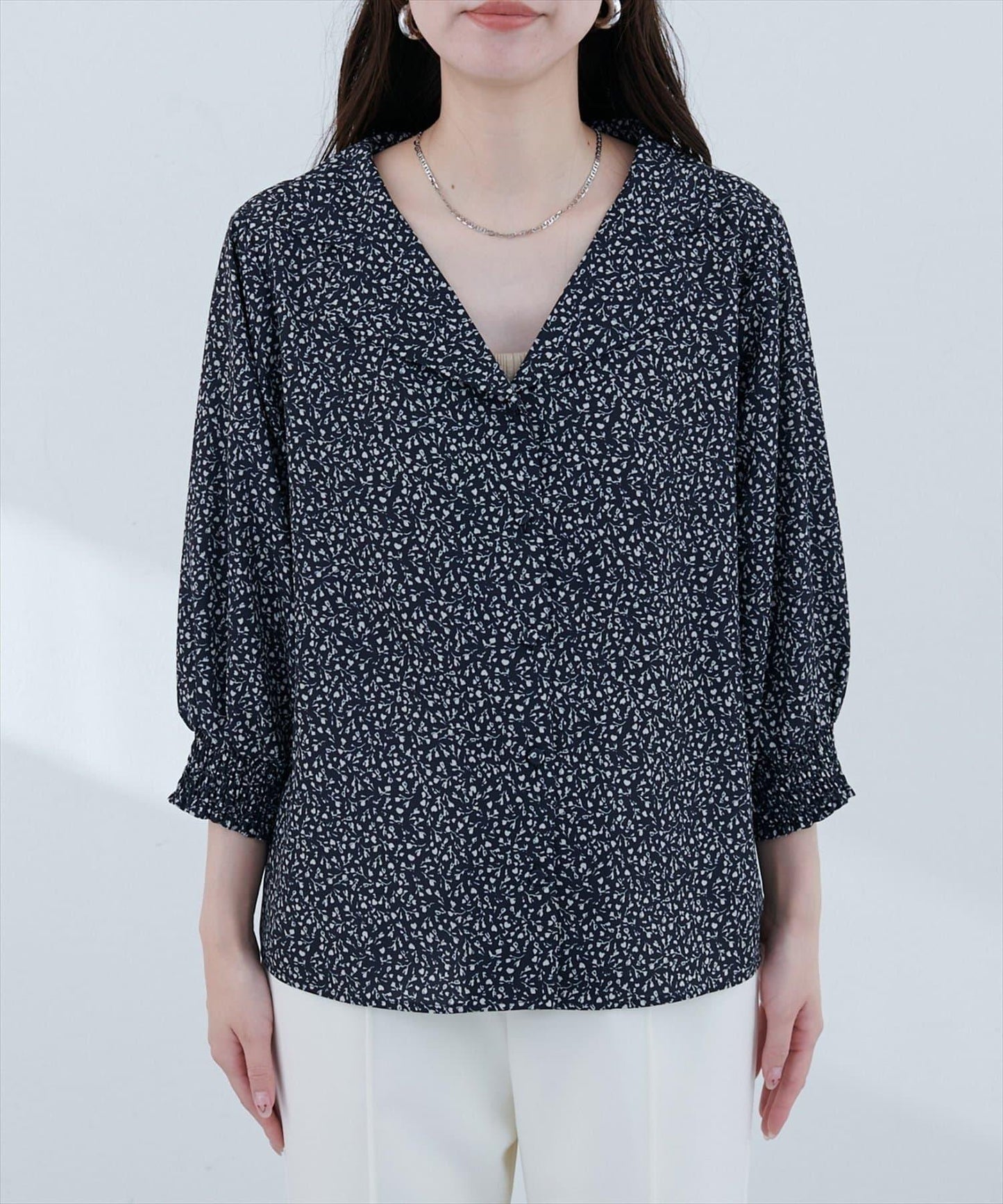 【natural couture】翻領袖口抽褶襯衫