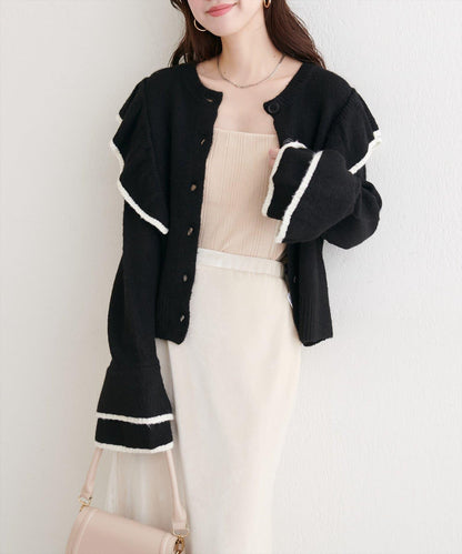 拼色荷葉邊針織開衫