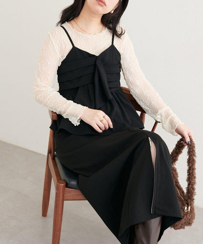 【Every very】蝴蝶結吊帶背心+蕾絲波浪邊T恤套裝