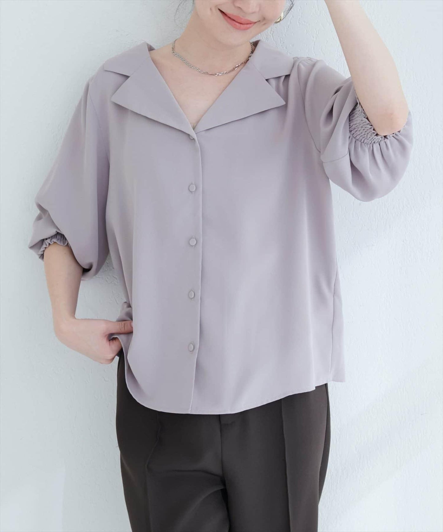 【natural couture】翻領袖口抽褶襯衫