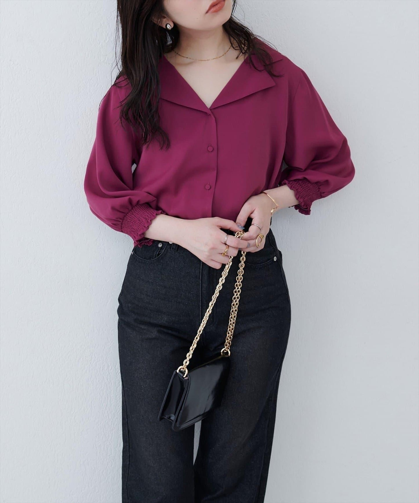 【natural couture】翻領袖口抽褶襯衫