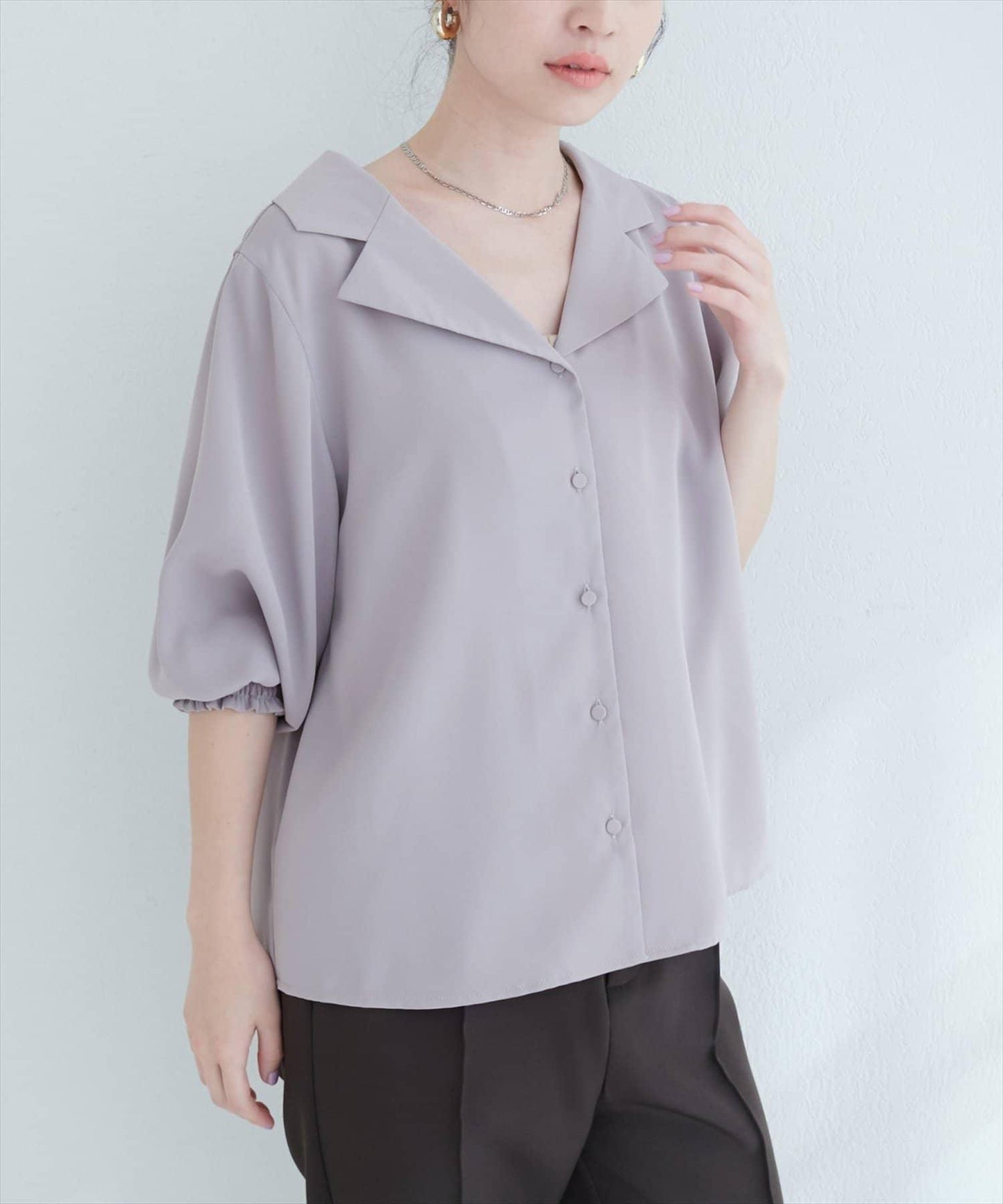 【natural couture】翻領袖口抽褶襯衫