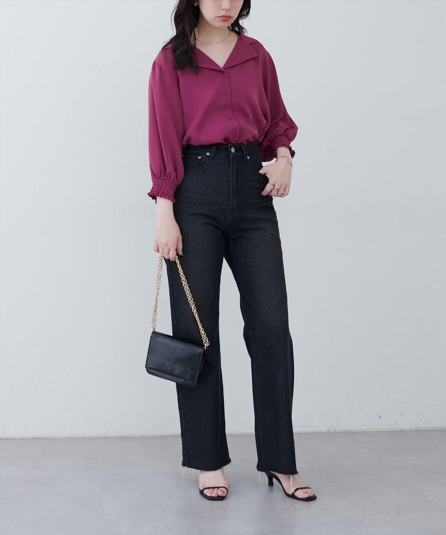 【natural couture】翻領袖口抽褶襯衫