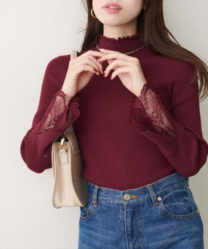 袖口蕾絲柔軟羅紋高領衫