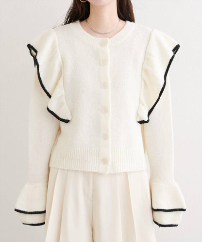 拼色荷葉邊針織開衫