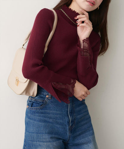袖口蕾絲柔軟羅紋高領衫
