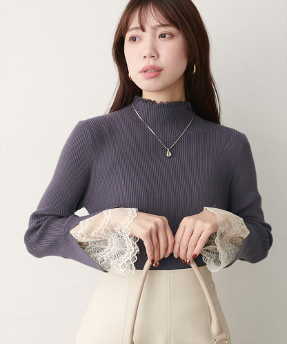 袖口蕾絲柔軟羅紋高領衫