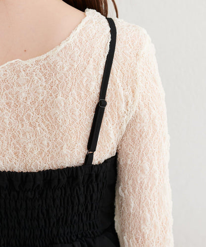 【Every very】蝴蝶結吊帶背心+蕾絲波浪邊T恤套裝