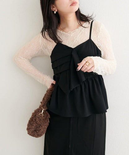 【Every very】蝴蝶結吊帶背心+蕾絲波浪邊T恤套裝