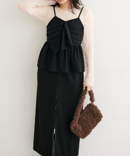 【Every very】蝴蝶結吊帶背心+蕾絲波浪邊T恤套裝