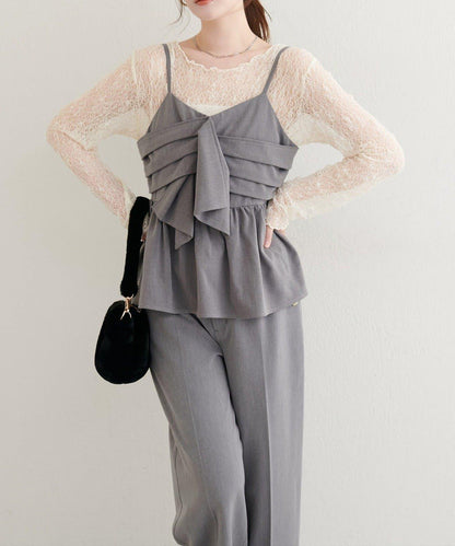 【Every very】蝴蝶結吊帶背心+蕾絲波浪邊T恤套裝