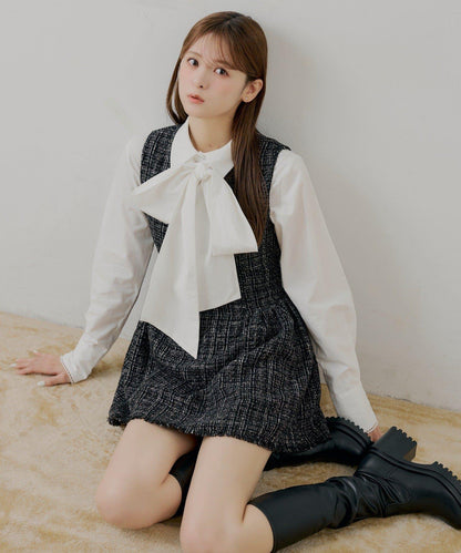 【SALON by Chico】呢料側褶皺喇叭迷你連衣裙