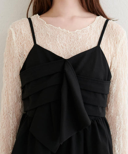 【Every very】蝴蝶結吊帶背心+蕾絲波浪邊T恤套裝