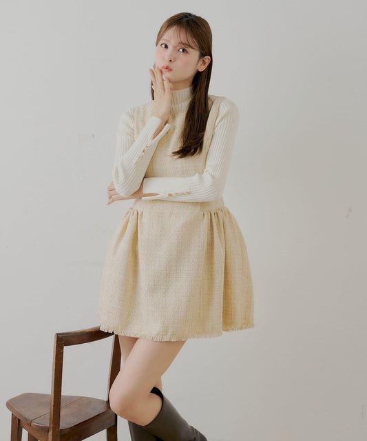 【SALON by Chico】呢料側褶皺喇叭迷你連衣裙